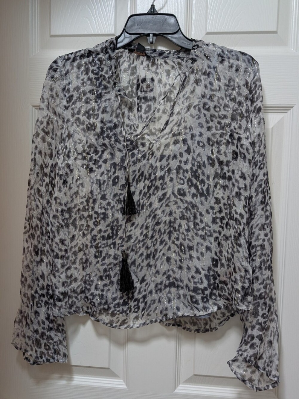 NWT Ella Moss Womens Metallic Leopard Peasant Silk Blouse Sheer Size Small S